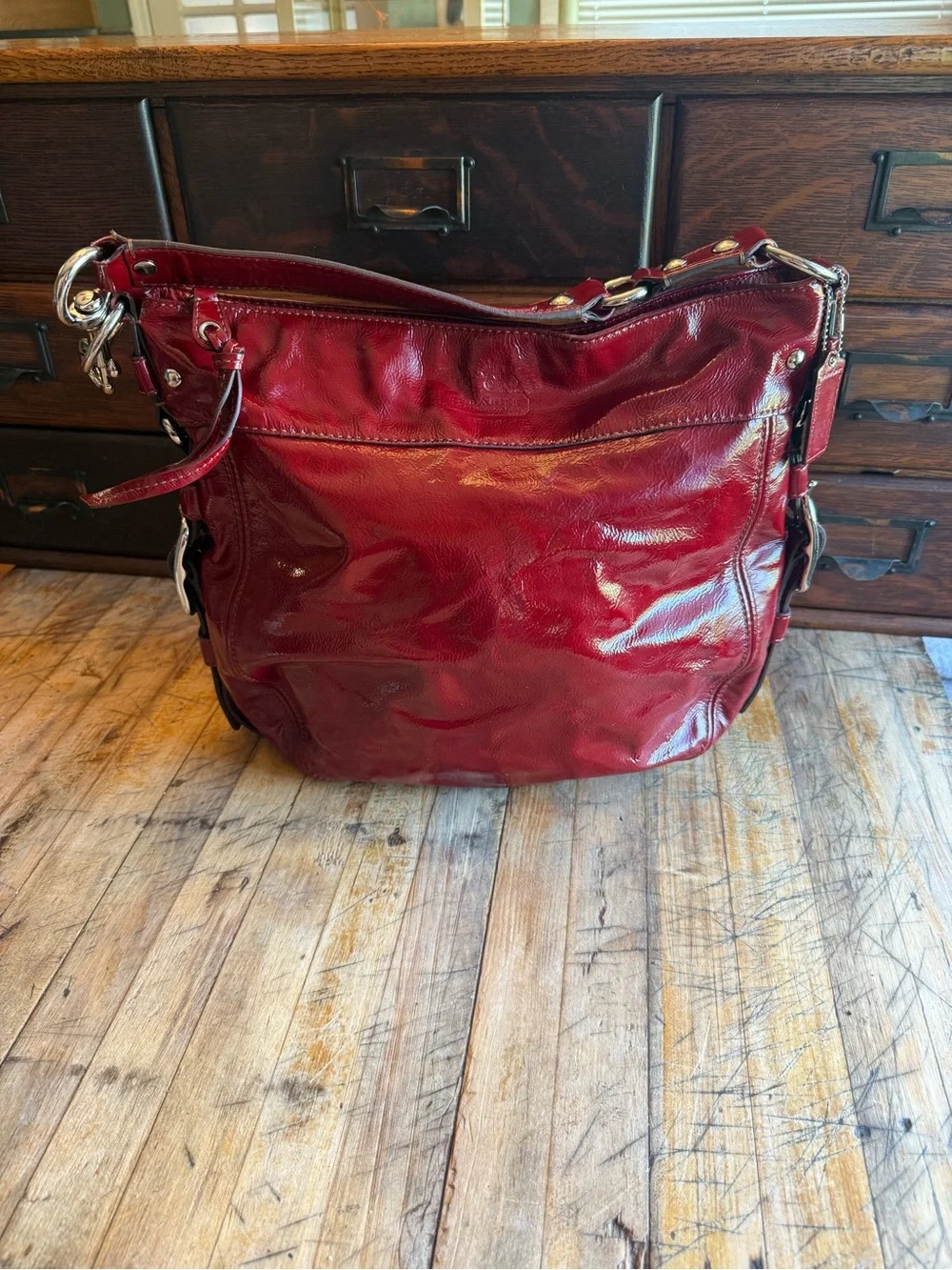 Coach Red Patent Leather Shoulder Bag with Silver Hardware
